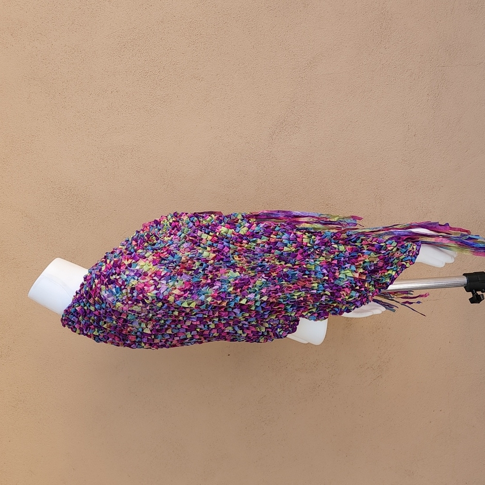 VINTAGE HANDMADE Ribbon Weave Woven Shawl Cocoon Poncho Top Ombre Purple Y2K - Picture 7 of 16